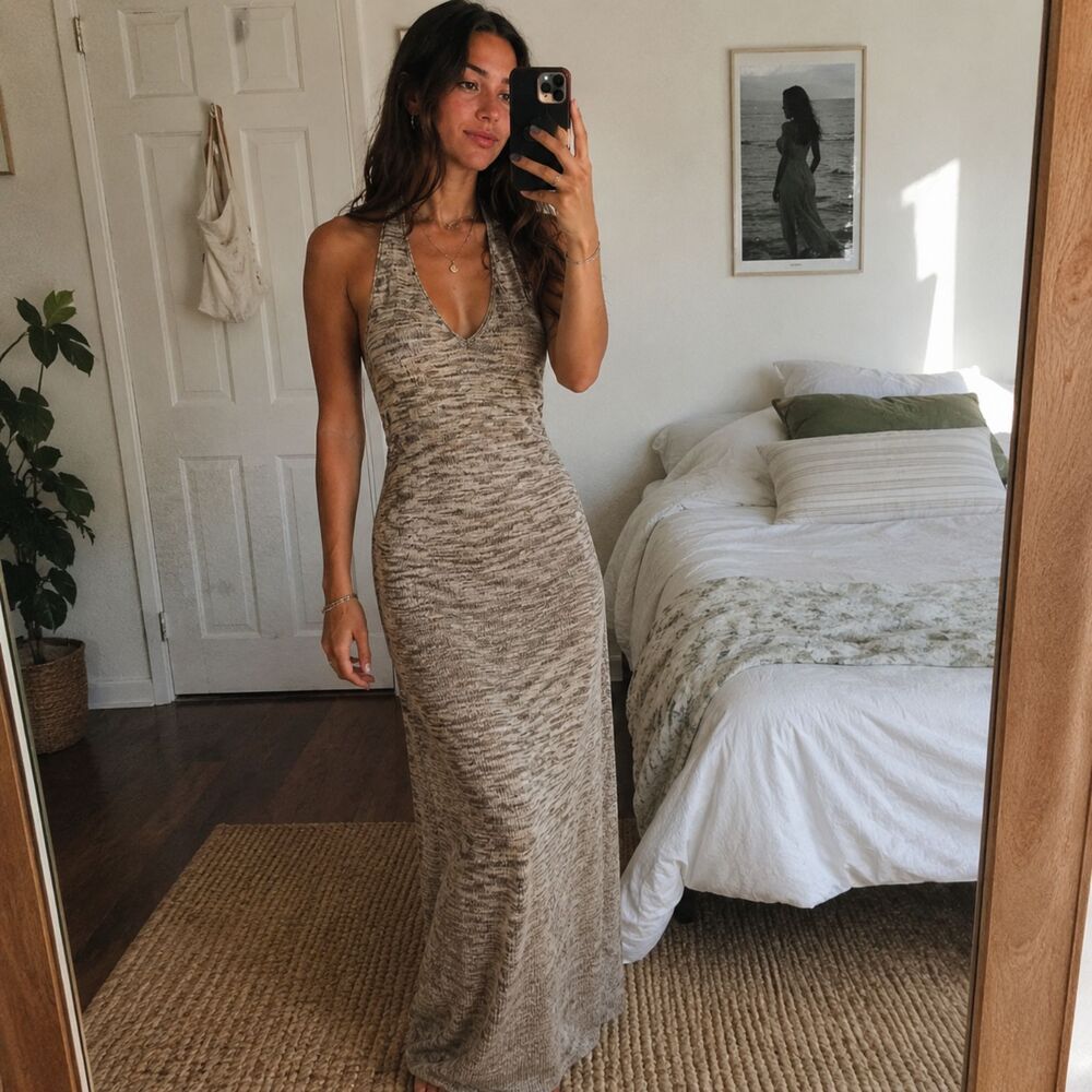beachy boho crochet brown and tan halter neck dress
